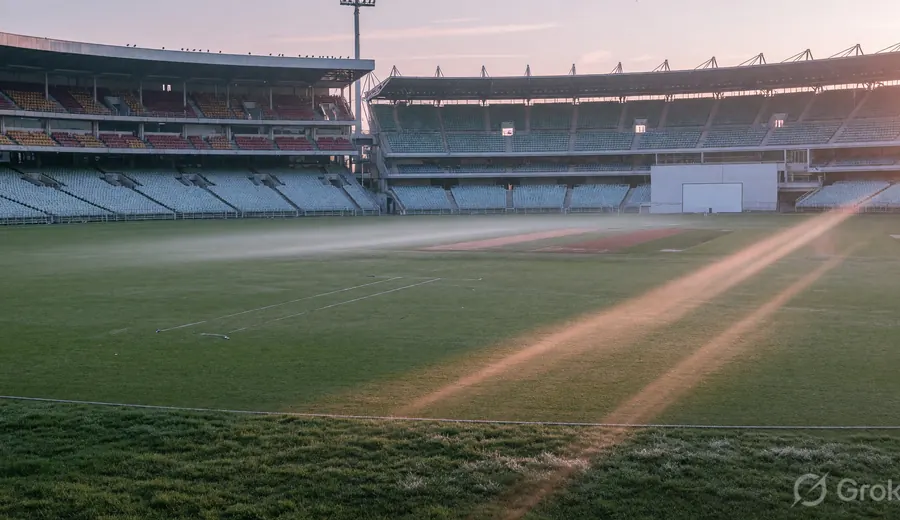 Cricket pitch, bat and ball